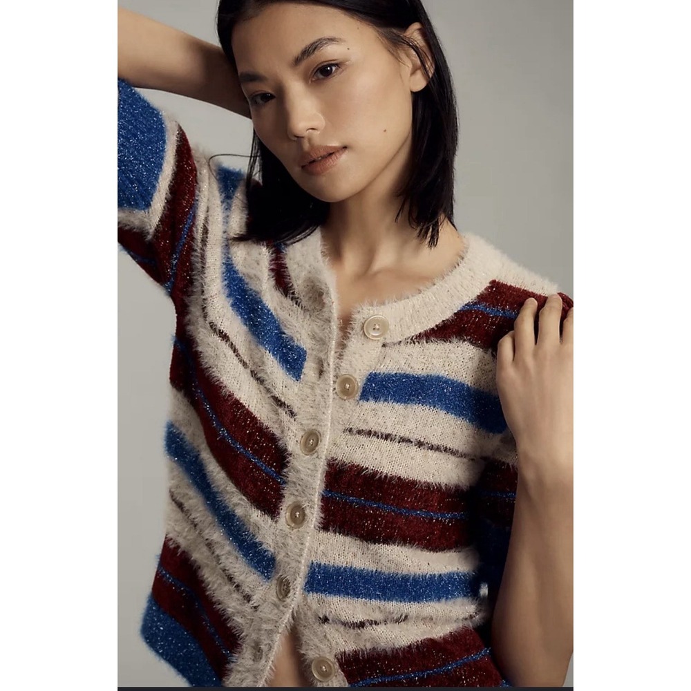 Maeve Anthropologie Fuzzy Metallic Stripe Cardigan Sweater Blue Burgundy L